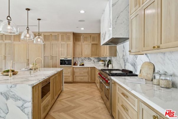 Interior, Kitchen, Marble Walls, Pendant Lights, Recessed Lighting, Stainless Steel Appliances, Wood Texture Flooring
