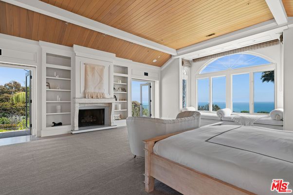 Bedroom, Fireplace, Interior, Recessed Lighting, Water, Wooden Beams, Wooden Ceilings