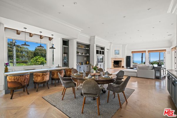 Dining room, Fireplace, Interior, Living room, Pendant Lights, Recessed Lighting, Wood Texture Flooring