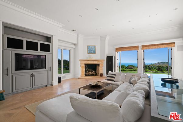 Fireplace, Interior, Living room, Recessed Lighting, Water, Wood Texture Flooring