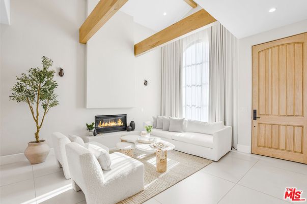 Fireplace, Interior, Living room, Recessed Lighting, Wooden Beams