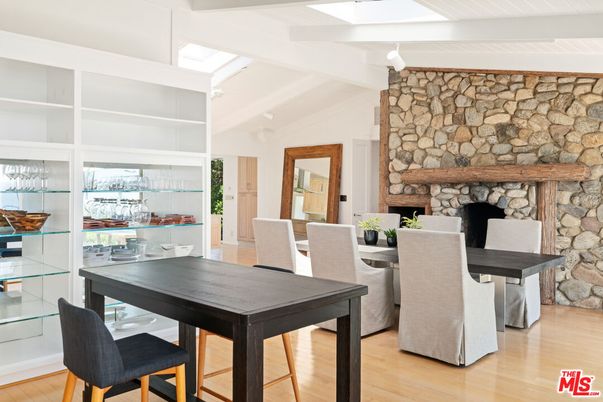Dining room, Fireplace, Interior, Stone Walls, Wood Texture Flooring