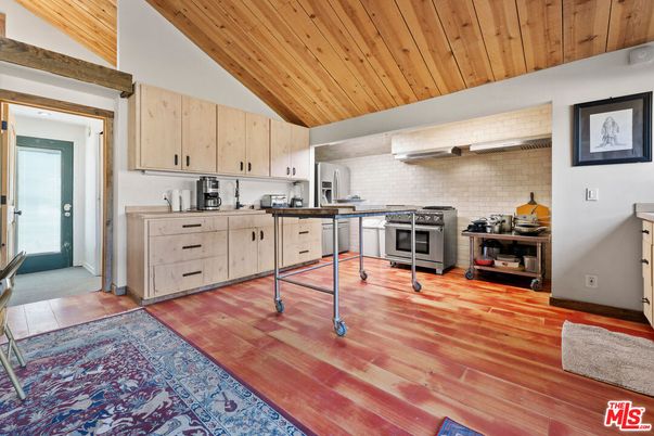 Interior, Kitchen, Stainless Steel Appliances, Stone Walls, Wooden Ceilings, Wood Texture Flooring