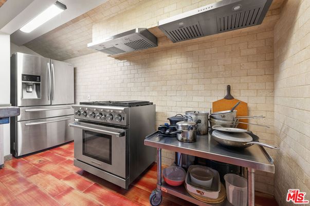Interior, Kitchen, Stainless Steel Appliances, Stone Walls, Wood Texture Flooring