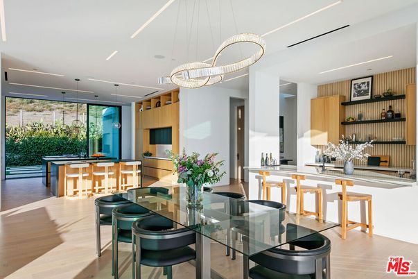 Dining room, Interior, Pendant Lights, Recessed Lighting, Wood Texture Flooring