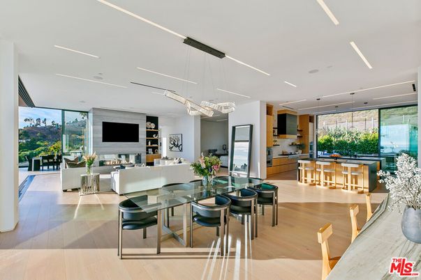Dining room, Fireplace, Interior, Kitchen, Living room, Pendant Lights, Recessed Lighting, Wood Texture Flooring
