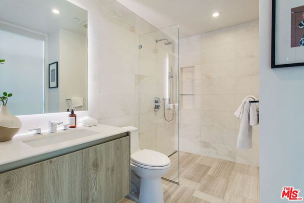 Bathroom, Glass Shower, Interior, Recessed Lighting, Wood Texture Flooring