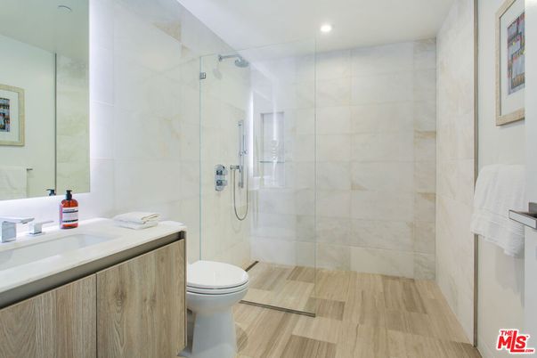 Bathroom, Glass Shower, Interior, Recessed Lighting, Wood Texture Flooring
