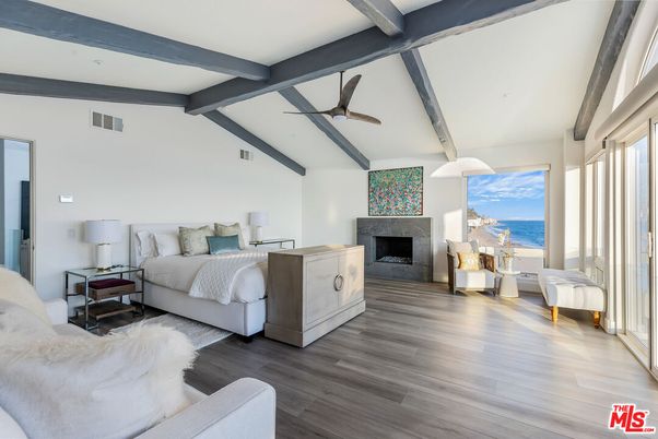 Bedroom, Fireplace, Interior, Water, Wooden Beams, Wood Texture Flooring