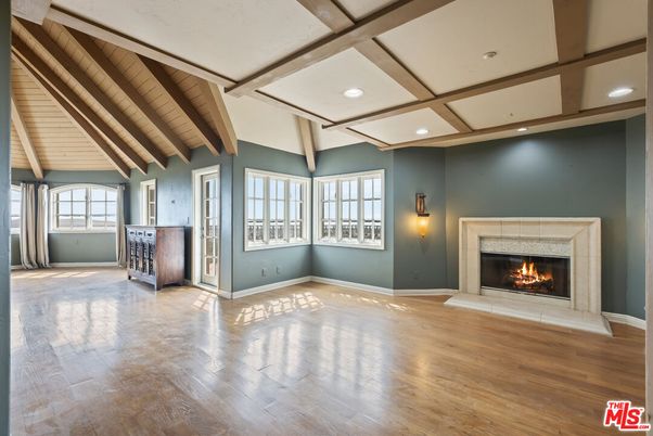 Empty room, Fireplace, Interior, Recessed Lighting, Wooden Beams, Wood Texture Flooring