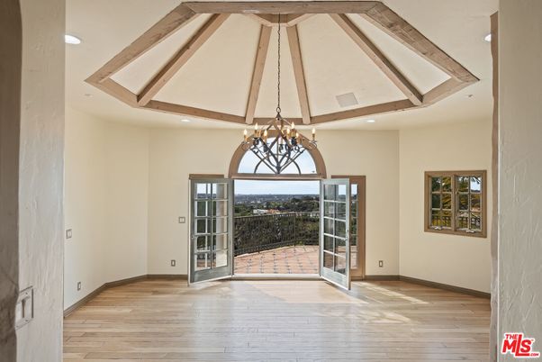 Chandelier, Empty room, Interior, Recessed Lighting, Wooden Beams, Wood Texture Flooring