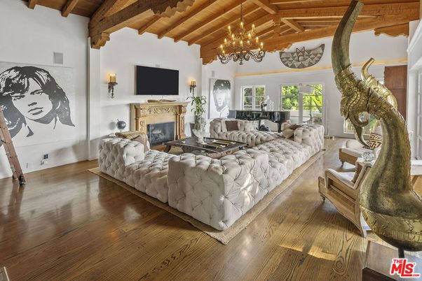Chandelier, Fireplace, Interior, Living room, Wooden Beams, Wooden Ceilings, Wood Texture Flooring