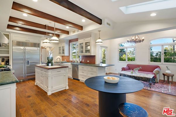 Chandelier, Interior, Kitchen, Living room, Pendant Lights, Recessed Lighting, Stainless Steel Appliances, Wooden Beams, Wood Texture Flooring