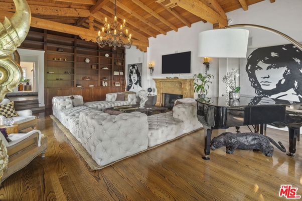 Chandelier, Fireplace, Interior, Living room, Piano, Wooden Beams, Wooden Ceilings, Wood Texture Flooring, Wooden Walls
