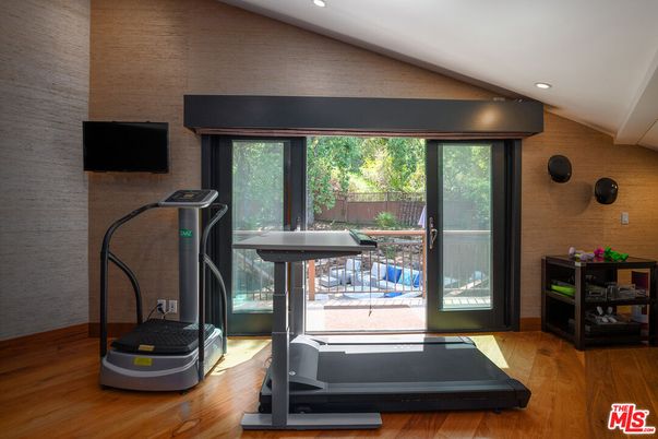 Fitness Equipment, Interior, Recessed Lighting, Stone Walls, Wood Texture Flooring