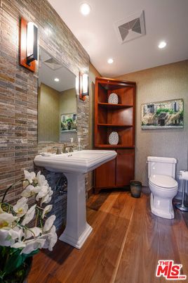 Bathroom, Interior, Recessed Lighting, Stone Walls, Wood Texture Flooring