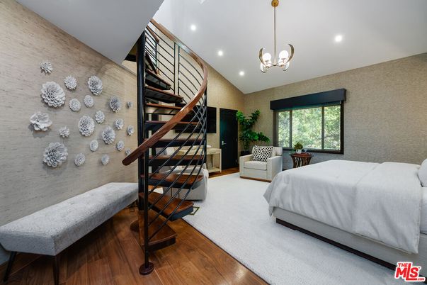 Bedroom, Interior, Pendant Lights, Recessed Lighting, Wood Texture Flooring