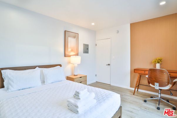 Bedroom, Interior, Recessed Lighting, Wood Texture Flooring