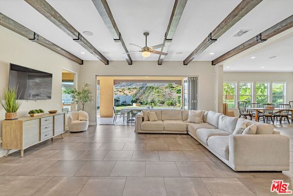Dining room, Interior, Living room, Recessed Lighting, Wooden Beams