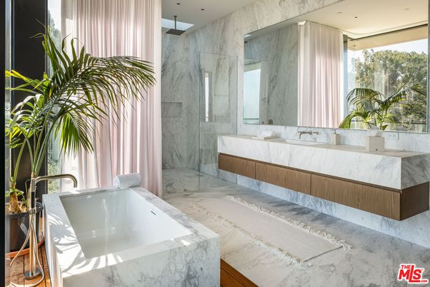 Bathroom, Dual Sink Vanities, Glass Shower, Interior, Marble, Marble Walls, Recessed Lighting