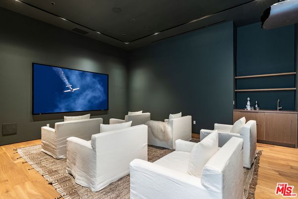 Interior, Projection Screen, Recessed Lighting, Theatre Room, Wood Texture Flooring