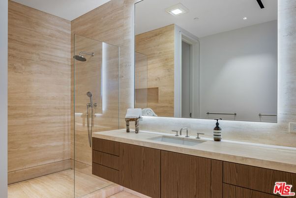 Bathroom, Glass Shower, Interior, Recessed Lighting, Wood Texture Flooring