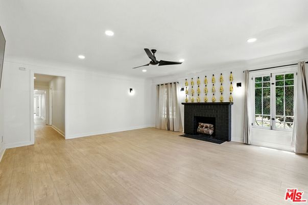 Empty room, Fireplace, Interior, Recessed Lighting, Wood Texture Flooring