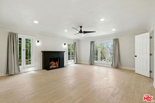 Empty room, Fireplace, Interior, Recessed Lighting, Wood Texture Flooring