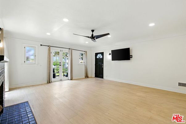 Empty room, Fireplace, Interior, Recessed Lighting, Wood Texture Flooring