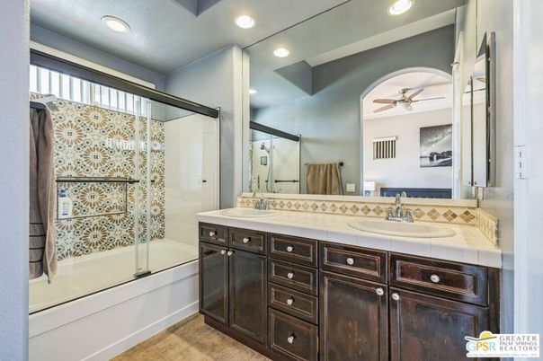Bathroom, Dual Sink Vanities, Glass Shower, Interior, Recessed Lighting, Tile Countertops