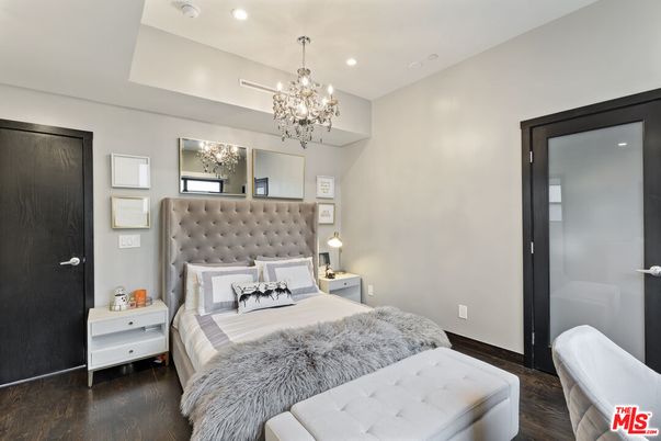 Bedroom, Chandelier, Interior, Recessed Lighting, Wood Texture Flooring