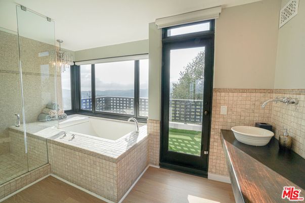 Bathroom, Chandelier, Glass Shower, Interior, Wood Texture Flooring