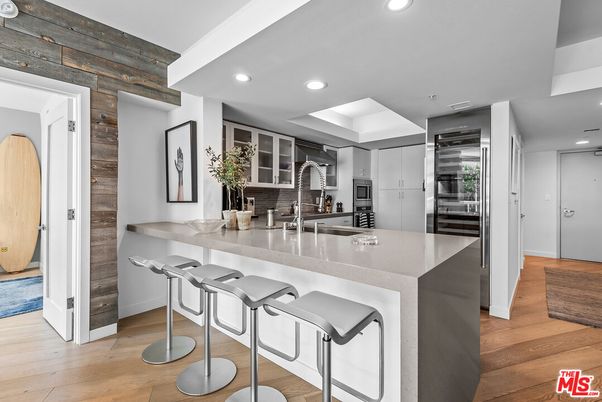 Interior, Kitchen, Recessed Lighting, Stainless Steel Appliances, Wood Texture Flooring, Wooden Walls