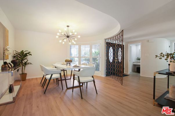Dining room, Interior, Pendant Lights, Wood Texture Flooring