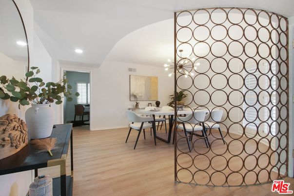 Dining room, Interior, Pendant Lights, Recessed Lighting, Wood Texture Flooring