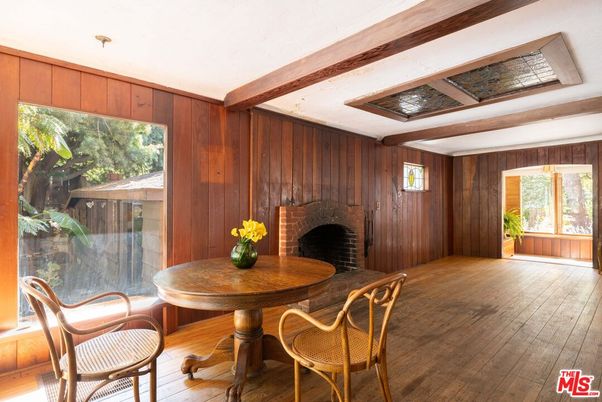 Dining room, Fireplace, Interior, Wooden Beams, Wood Texture Flooring, Wooden Walls