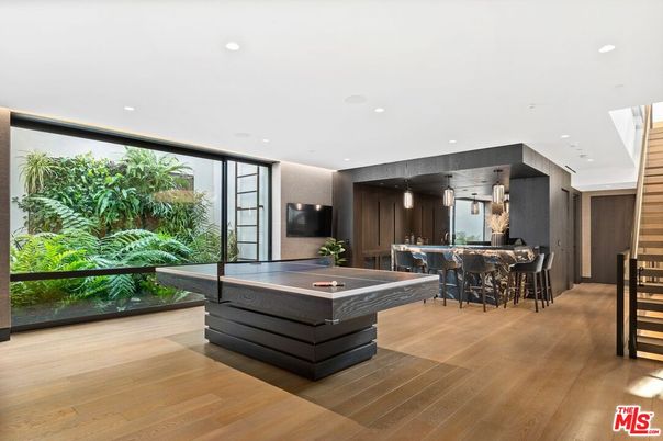 Billiard Table, Game Room, Interior, Pendant Lights, Recessed Lighting, Wood Texture Flooring