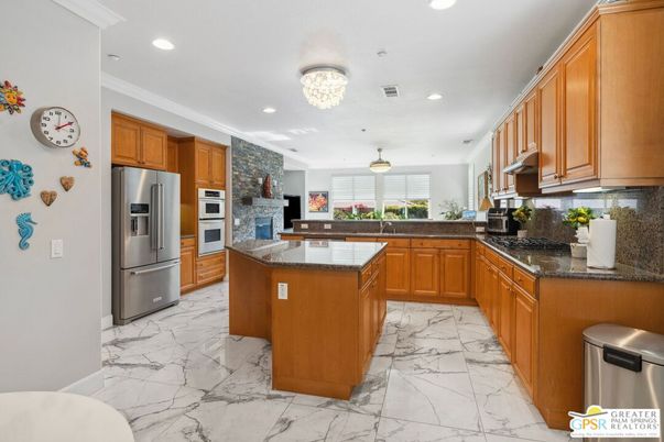 Chandelier, Interior, Kitchen, Marble, Recessed Lighting, Stainless Steel Appliances