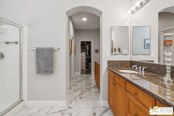 Bathroom, Dual Sink Vanities, Glass Shower, Interior, Marble, Recessed Lighting