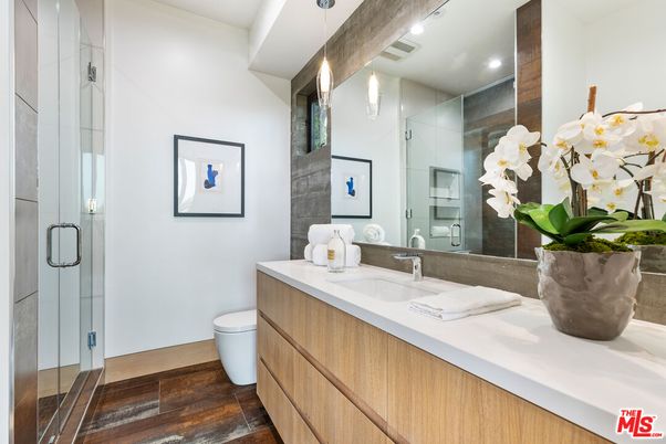 Bathroom, Glass Shower, Interior, Recessed Lighting, Wood Texture Flooring