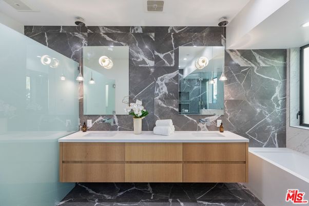 Bathroom, Dual Sink Vanities, Interior, Marble, Marble Walls, Recessed Lighting