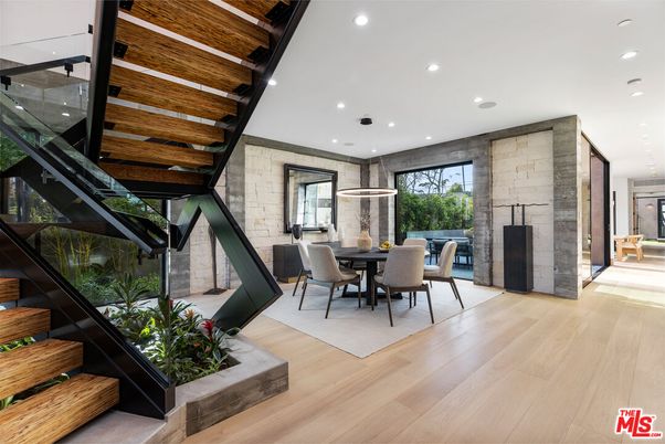 Dining room, Interior, Pendant Lights, Recessed Lighting, Stone Walls, Wooden Beams, Wood Texture Flooring