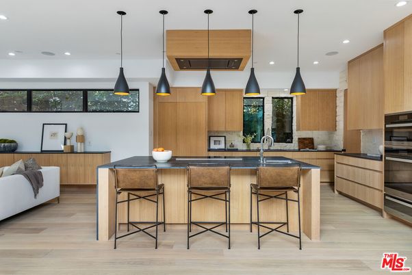 Interior, Kitchen, Pendant Lights, Recessed Lighting, Stainless Steel Appliances, Wooden Ceilings, Wood Texture Flooring