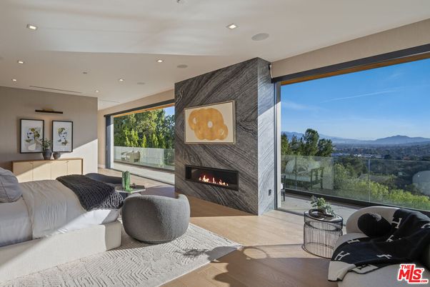 Bedroom, Fireplace, Interior, Recessed Lighting, Wood Texture Flooring