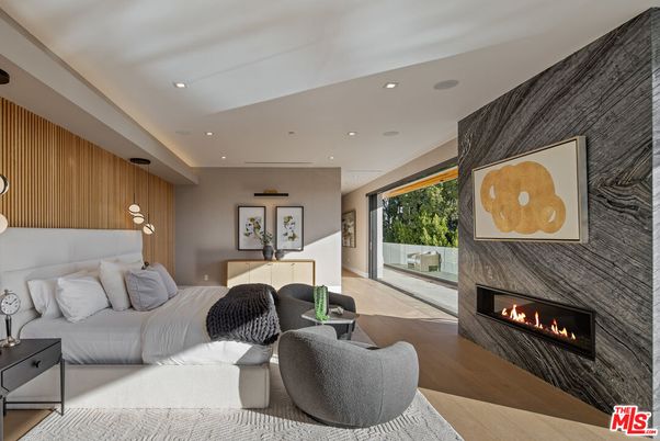 Bedroom, Fireplace, Interior, Living room, Recessed Lighting, Wood Texture Flooring