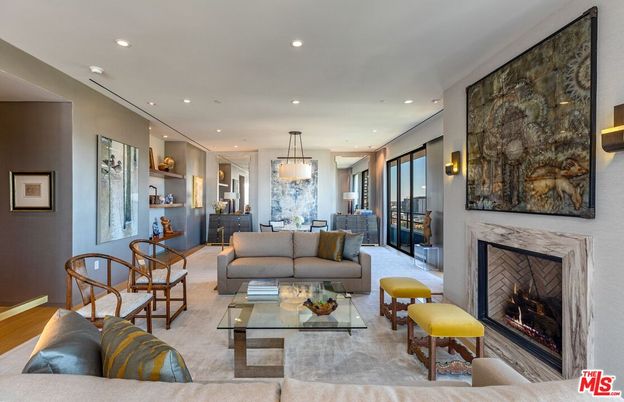Dining room, Fireplace, Interior, Living room, Pendant Lights, Recessed Lighting, Wood Texture Flooring