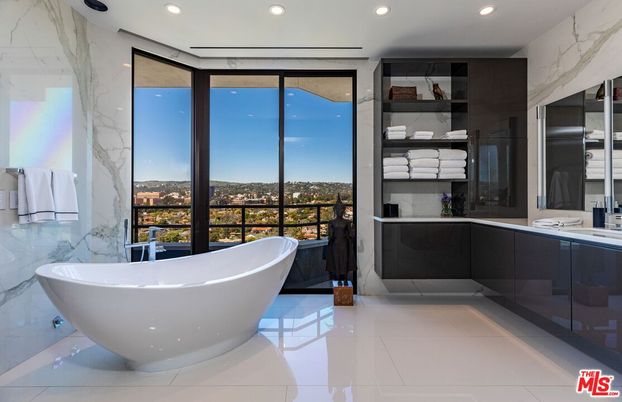 Bathroom, Free Standing Baths, Glass Shower, Interior, Marble, Marble Walls, Recessed Lighting