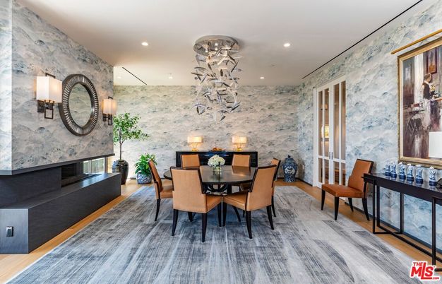 Dining room, Fireplace, Interior, Pendant Lights, Recessed Lighting, Stone Walls, Wood Texture Flooring