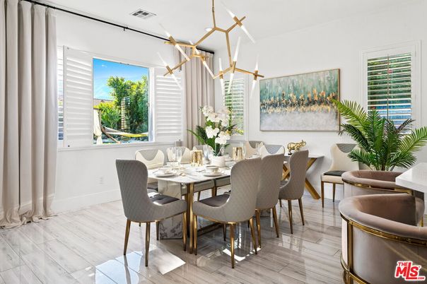 Dining room, Interior, Pendant Lights, Wood Texture Flooring
