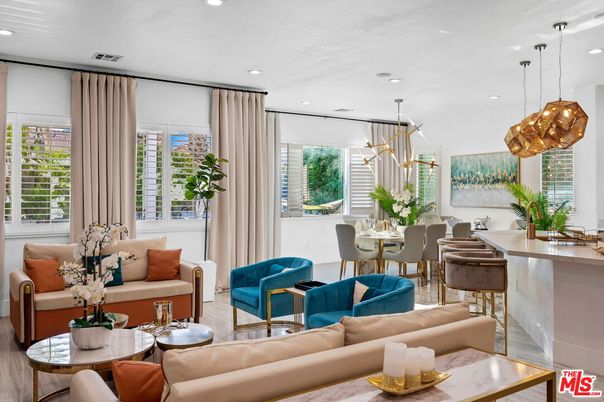Dining room, Interior, Living room, Pendant Lights, Recessed Lighting, Wood Texture Flooring
